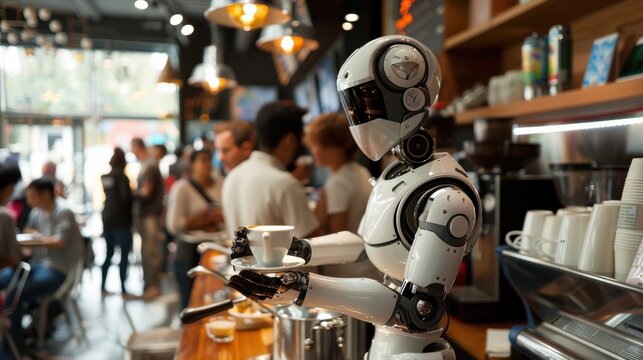 Robot assistant serving coffee in a chic cafe, customers enjoying the service, innovative and trendy, ideal for lifestyle and tech imagery, copy space.
