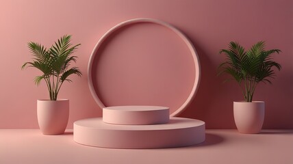 8K Product Showcase for demo display. 3d rendering. Round Podium Style. Pastel Color.