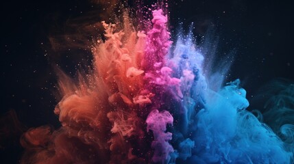 Abstract colorful powder explosion of smoke and fire on dark background