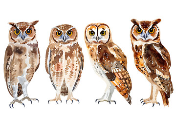 Watercolor painting realistic Set white owls on white background. Clipping path included.