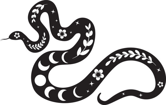 Twisted snake silhouette with leaves and flowers. Boho serpent with floral elements, decorative illustration.