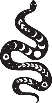 Twisted snake silhouette with leaves and flowers. Boho serpent with floral elements, decorative illustration.