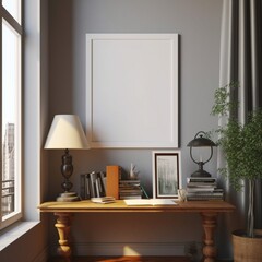 mock up of a empty frame for a poster hanging above an desk in the living room