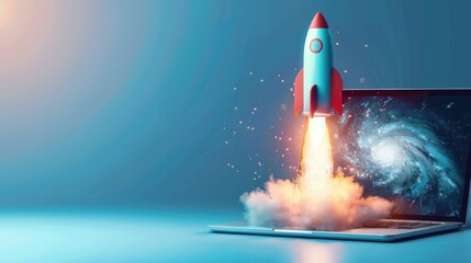 Obraz premium Rocket coming out of laptop screen, blue background. AI digital illustration