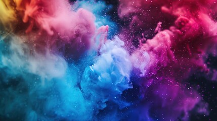 Abstract colorful powder explosion of smoke and fire on dark background