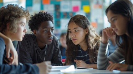 Teenage multicultural students working together on an academic project, their smiles and engagement demonstrating the benefits of diversity and collaboration in contemporary educational settings