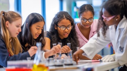 Young scientists from diverse backgrounds, smiling and focused, collaborate in a laboratory, using microscopes to explore and analyze biological specimens as part of their science curriculum