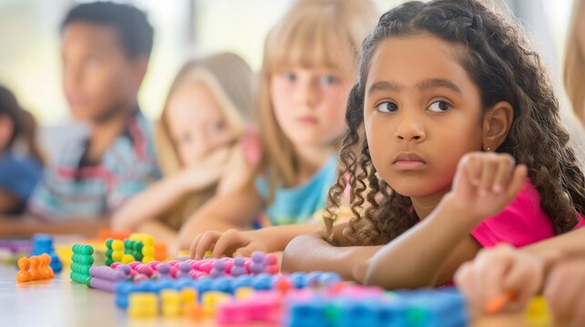 A focused elementary school girl intently works on a math activity using colorful manipulatives, her classmates engaged in learning, the importance of interactive and engaging educational methods