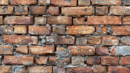 Obraz premium Rustic brick wall texture with weathered red bricks and natural imperfections, copy space, ideal for background and architectural design themes.