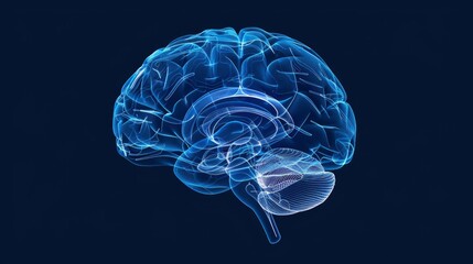 Design a detailed image of the human brain with a solid dark blue background. The brain should include visible lobes and intricate details of the cerebral cortex, using subtle shadows to add depth.