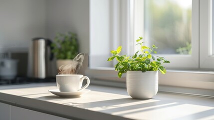 Modern kitchen with lemon balm plant and steaming tea.