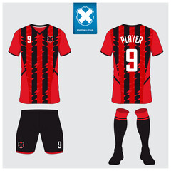 Soccer jersey or football kit mockup design for football club. Football shirt, short, sock template. Soccer uniform in front view, back view. Football logo in flat design.