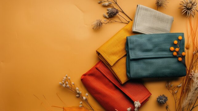 Minimal flat lay of chic fall accessories clutch bags with seasonal design colors and space for text