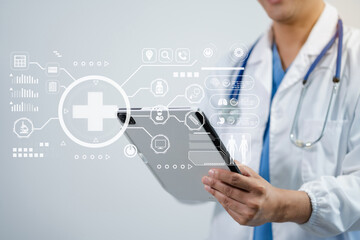 Medicine doctor hand working with modern digital tablet computer interface as medical network concept.