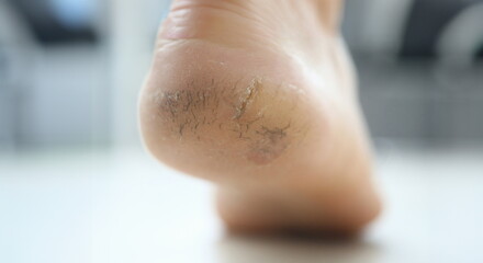 On the dirty heel cracked hard skin. Wrong foot care concept