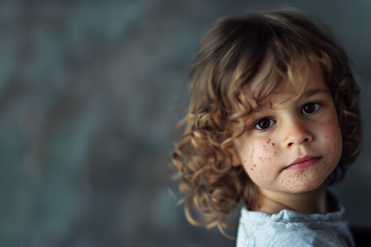 portrait of a child with a rash on his cheek undergoing examination in a clinic, portrait of a little girl suffering from impetigo disease in the hospital for examination, copy space, close up