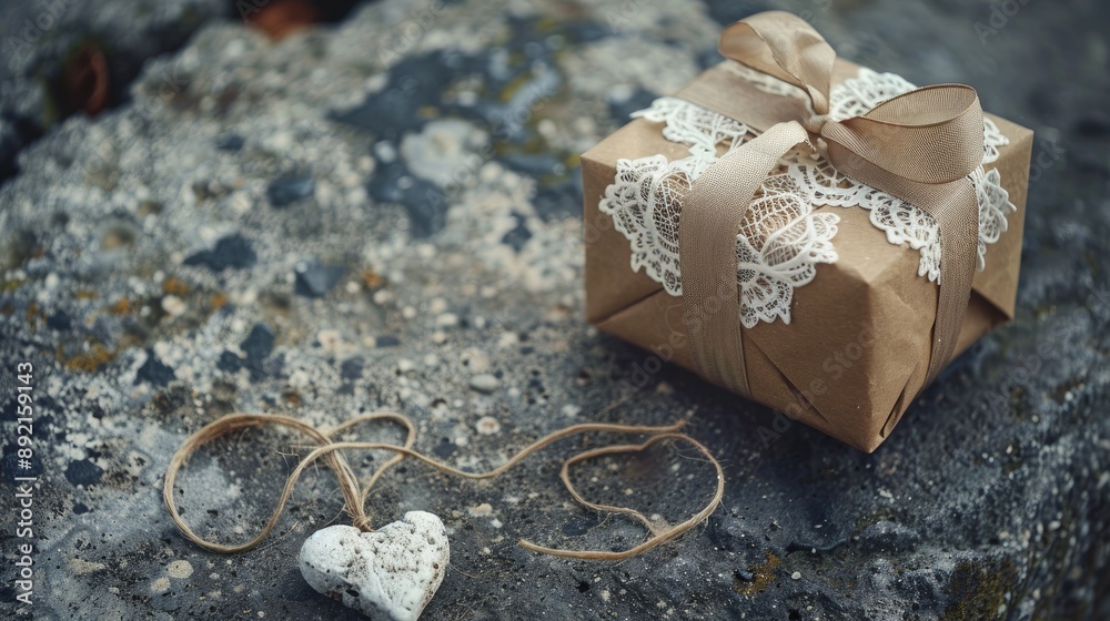 Sticker Handmade present adorned with lace ribbon heart on cement backdrop