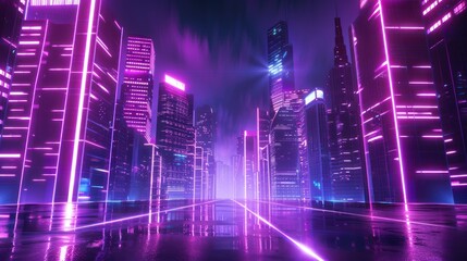 Obraz premium A cyberpunk cityscape with neon lights and a pink sky