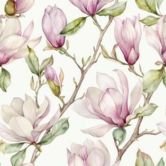 Fototapeta premium Watercolor hand-painted seamless pattern of blooming tulips, vibrant colors and lush green leaves, cheerful spring design