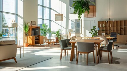 Obraz premium Stylish office with Scandinavian design, wooden furniture, minimalist decor, and lots of natural light