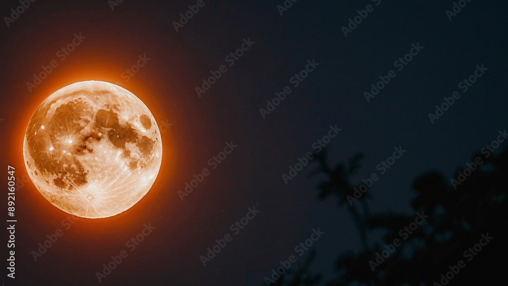 Wall mural full moon in the night, romantic night scene - beautiful pink flower blossom in garden with night sk