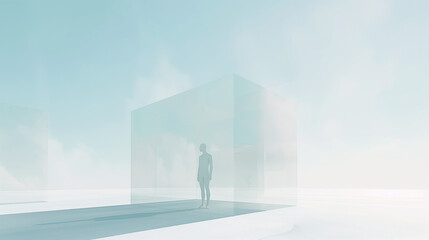 A translucent cube with a mannequin stands in the center of a landscape of melting memories, with a light blue sky