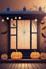 Obraz premium A misty Halloween night with lantern pumpkin on a porch with lights in the background.