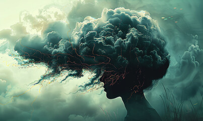 Silhouette of a Person with a Foggy Brain Wrapped in Dark Clouds, Mental Health Concept Representing Confusion and Lack of Clarity, Abstract Illustration with Dark Mood