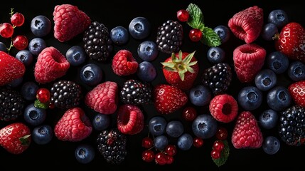 realistic floating composition of mixed berries, shiny, black background studio