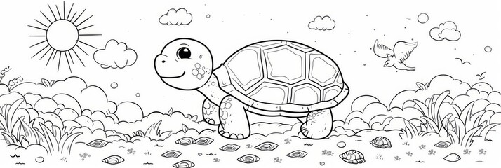Coloring page for kids with cute cartoon turtle in the desert, sun, and clouds. Thick lines, very low detail, no shading, black and white, simple drawing, easy to color.