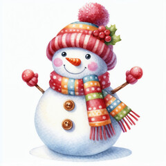 Cute cartoon snowman on white background. AI