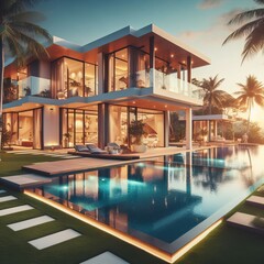 Fototapeta premium A luxury hotel pool at night with palm trees and a clear summer sky