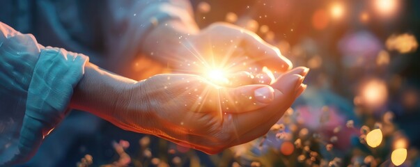 Hands performing reiki healing over the back, slight glow and peaceful energy