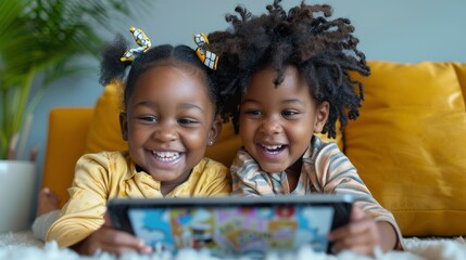 Two siblings laughing while watching an educational cartoon on a tablet