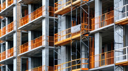 Fototapeta premium Construction site featuring concrete structures and safety railings in an urban environment.