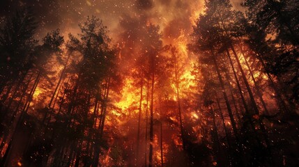 Fototapeta premium Forest fire raging through trees, showcasing the intensity and destruction of a wildfire in progress