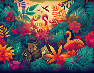 Dense Jungle Illustration with Overlapping Leaves and Hidden Animals