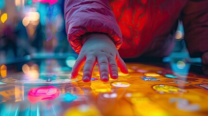 Close-up of a toddler's hand swiping on a touchscreen to play an educational game