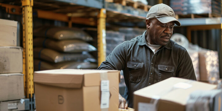 African warehouse worker lifts a large box, surrounded by shelves of packaged goods. online delivery concept