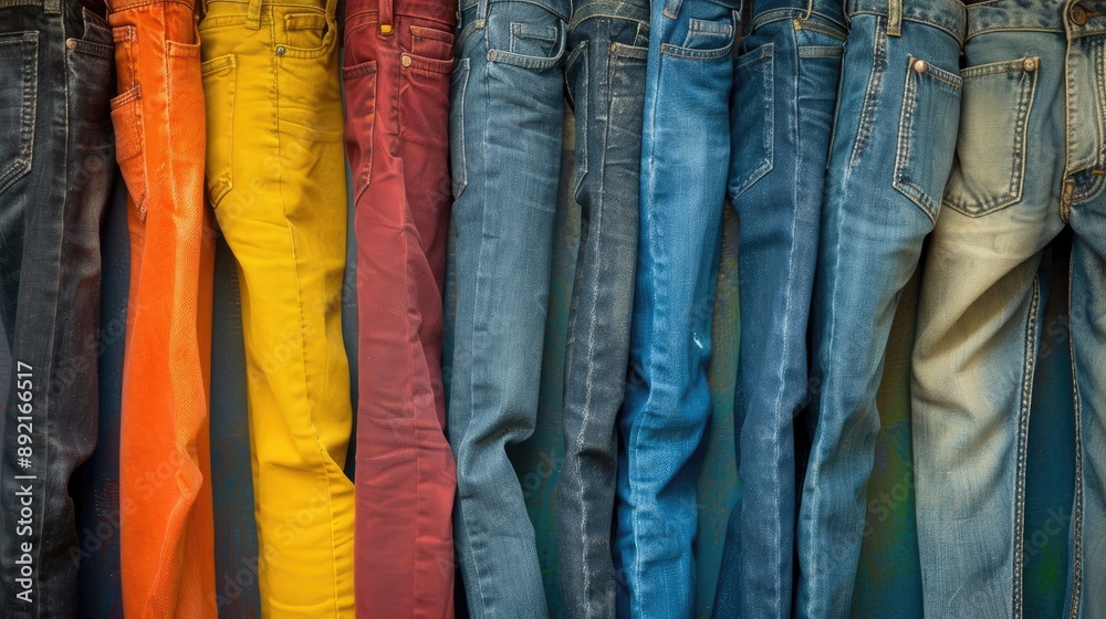 Poster Stylish jeans pants on colourful background displayed on clothing rack