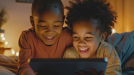 Two siblings laughing while watching an educational cartoon on a tablet