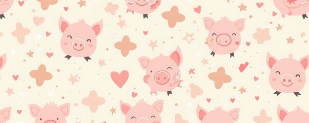Fun and whimsical pink pig pattern with seamless design, featuring pigs with hearts and stars, set against a soft pastel background
