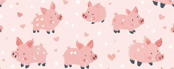 Fun and whimsical pink pig pattern with seamless design, featuring pigs with hearts and stars, set against a soft pastel background