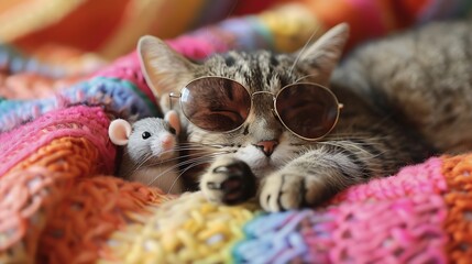 real cat sleeping with rat doll and wear sunglasses take arest in holidat isolated on colorful background