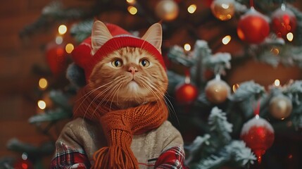 Red cat in warm clothes sits by the Christmas tree