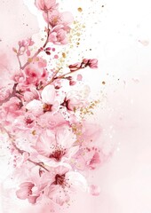 Fototapeta premium Elegant wedding card with soft pink watercolor texture, adorned with delicate cherry blossoms and gold accents, luxurious spring feel