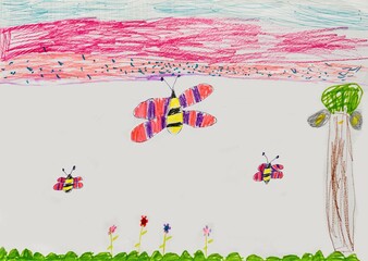 Child's drawing of three bees flying in the sky with a colorful sunset background and green grass with flowers below. 