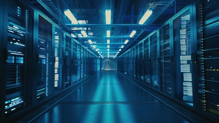 Server Room Corridor with Blue Lighting