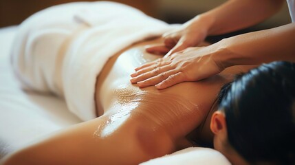 Deep tissue massage focusing on back muscles, therapist using firm pressure, clinical and therapeutic environment
