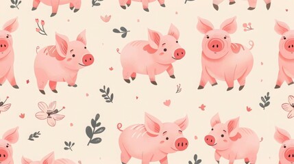 Obraz premium Cute pink cartoon pig pattern with seamless design, featuring playful piglets in various poses on a soft pastel background